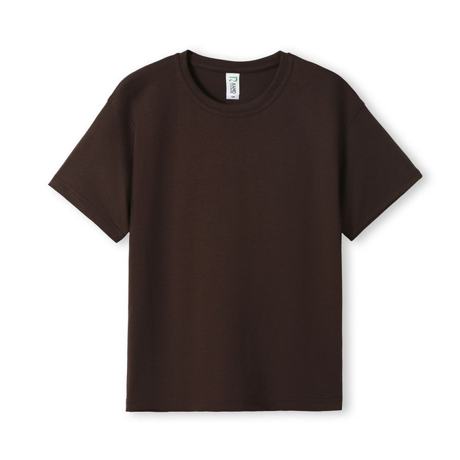 A brown kid's regular T-shirt with short sleeves and a simple design. It includes a branding tag.