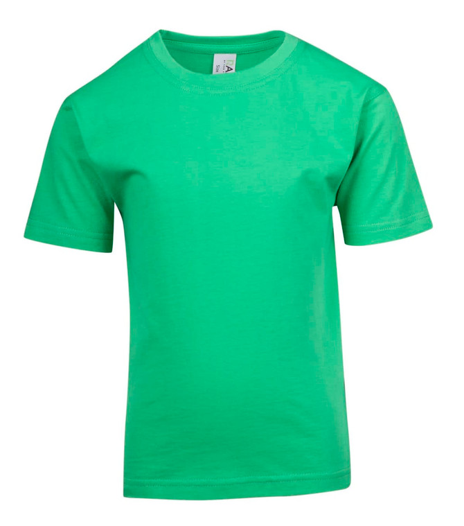 A bright green kid's regular T-shirt with short sleeves and a crew neck, featuring a label inside.