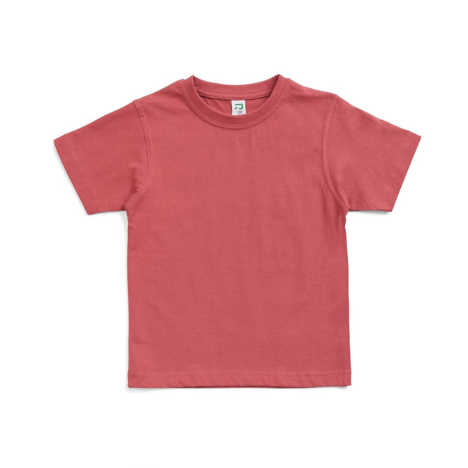 A pink kid's regular T-shirt with short sleeves and a label at the neckline.