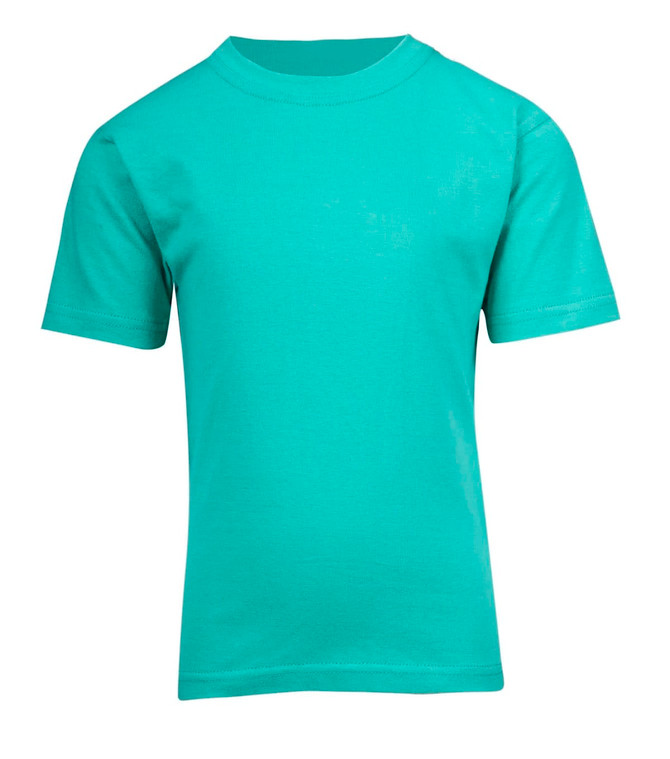 A green kid's regular T-shirt with short sleeves. The shirt has a simple design and includes a logo.