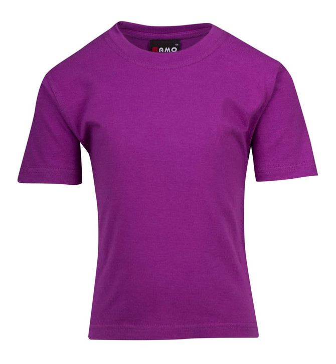 A purple kid's regular T-shirt with short sleeves and a logo on the neckline.