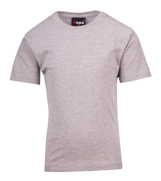 A grey kid's regular T-shirt with short sleeves and a logo on the neckline.