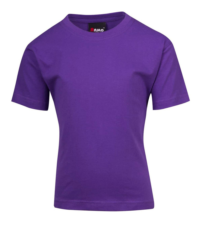 A purple kid's regular T-shirt with short sleeves and a logo on the neckline.