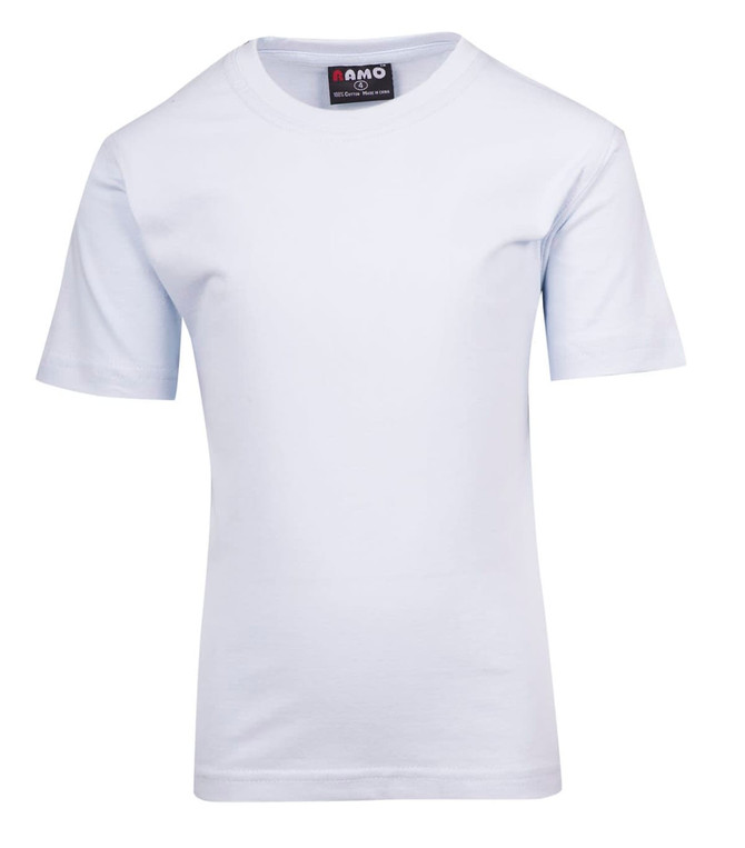 A light blue kid's regular T-shirt with short sleeves, featuring a logo on the label.