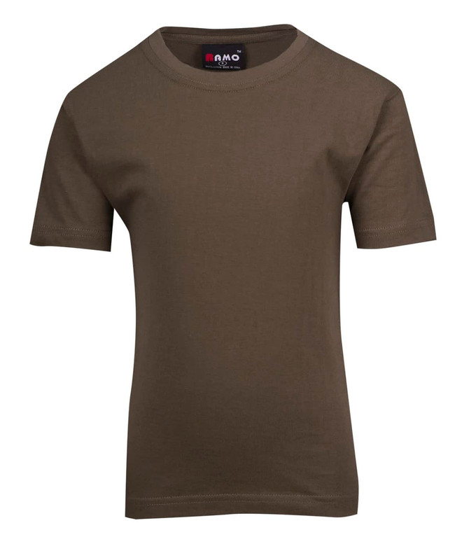 A kid's regular T-shirt in olive green, featuring short sleeves and a round neckline. It has a branded label inside.