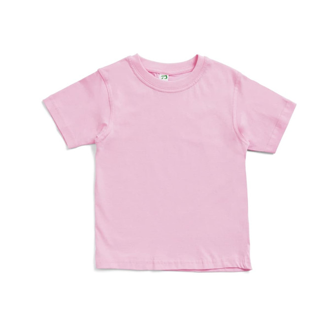 A pink kid's regular T-shirt with short sleeves and a simple design. It features a brand logo on the label.