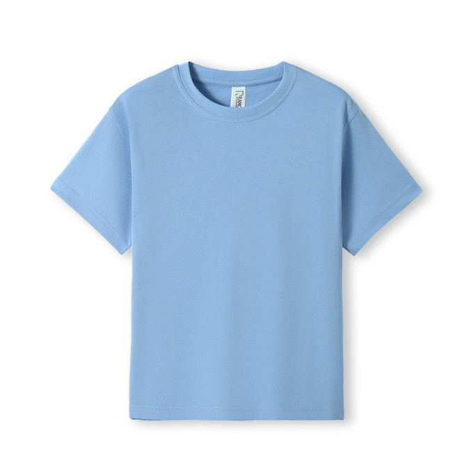 A light blue kid's regular T-shirt with short sleeves and a simple design, featuring a logo.