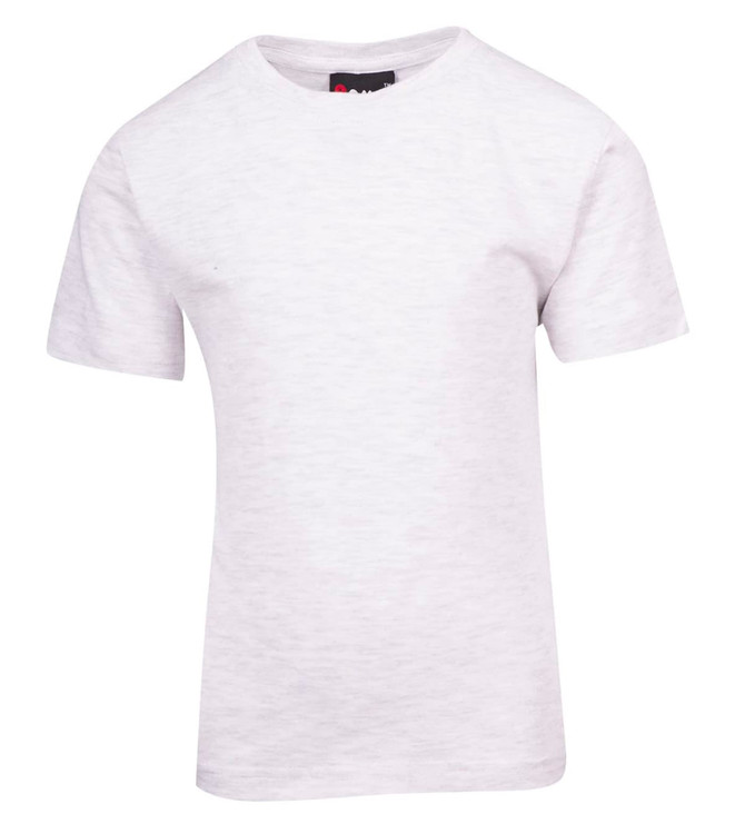 A plain white kid's regular T-shirt with short sleeves and a tag inside. It features a logo.