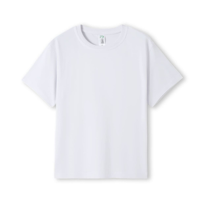 A white kid's regular T-shirt with short sleeves and a label inside. The shirt features a logo.