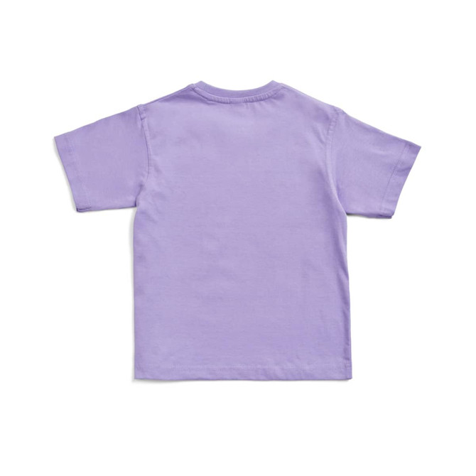 A purple kid's regular T-shirt featuring short sleeves and a simple design. It has a logo on the back.