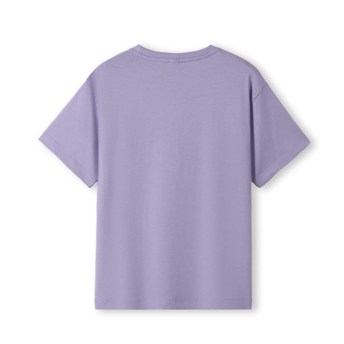 A purple kid's regular T-shirt featuring short sleeves and a simple design. It has a logo on the back.
