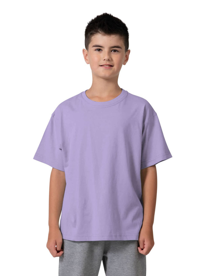 A purple kid's regular T-shirt displayed on a child, featuring short sleeves and a simple design.