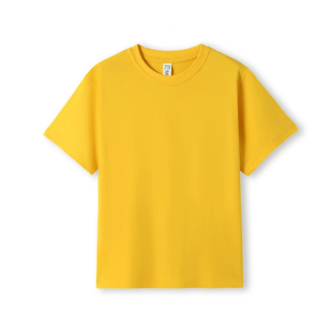 A yellow Kid's Regular T-shirt with short sleeves and a label inside. It features a simple design and no visible patterns.