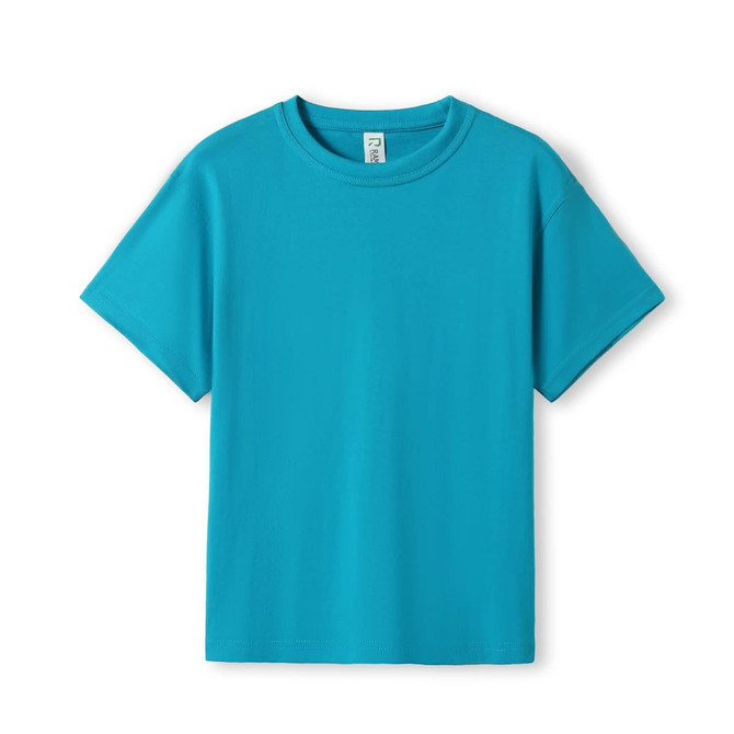 A turquoise kid's regular T-shirt with short sleeves and a crew neckline. The shirt has a label inside.
