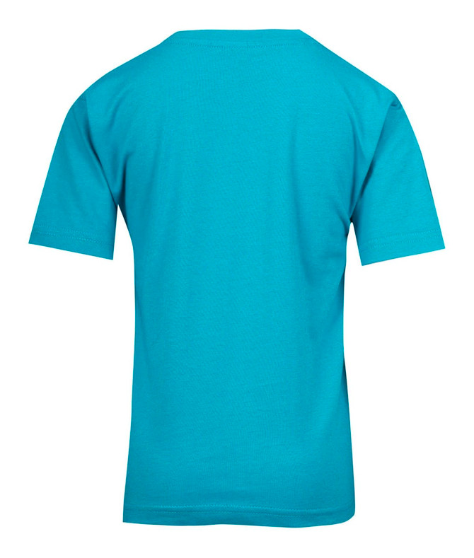 A turquoise kid's regular T-shirt featuring short sleeves and a simple design, with a logo on the back.