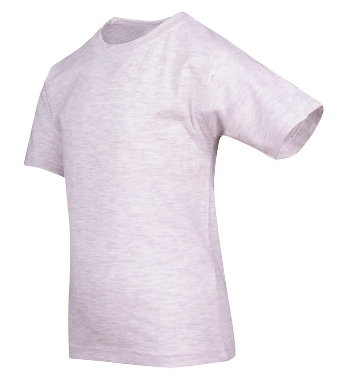 A light grey kid's t-shirt with short sleeves and a rounded neck, featuring a logo on the front.