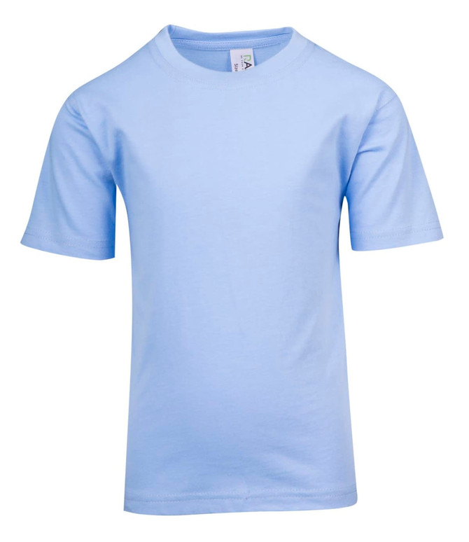 A light blue kid's regular t-shirt with short sleeves, featuring a label and no visible logos.