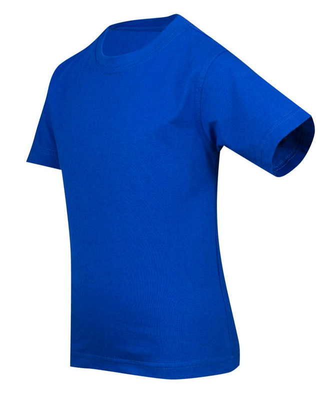 A blue kid's regular T-shirt with short sleeves and a classic crew neck, featuring a logo.