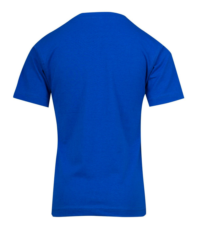 A blue kid's regular T-shirt featuring a plain back design and short sleeves, with a logo present.