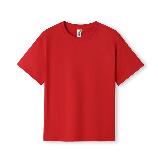 A red kid's regular T-shirt with short sleeves, featuring a logo on the front.