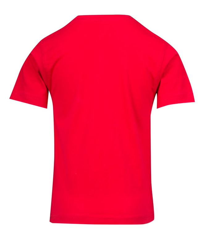 A red kid's regular T-shirt with short sleeves and a plain back. There's a logo on the back.