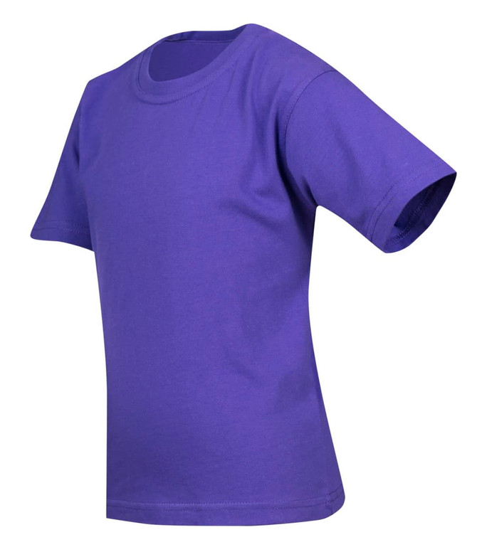 A purple regular t-shirt for kids, featuring short sleeves and a crew neck design, with branding on the label.