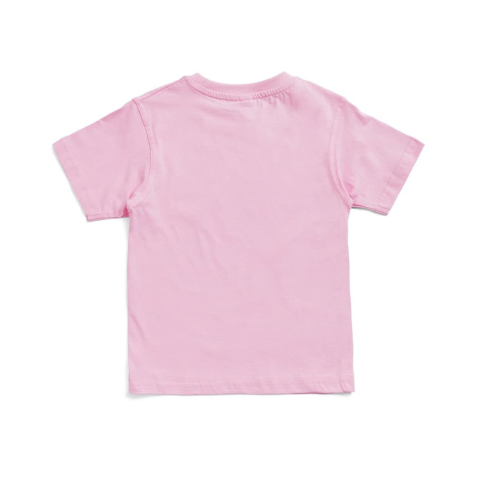 A pink kid's regular T-shirt with short sleeves and a simple design, featuring no visible branding.