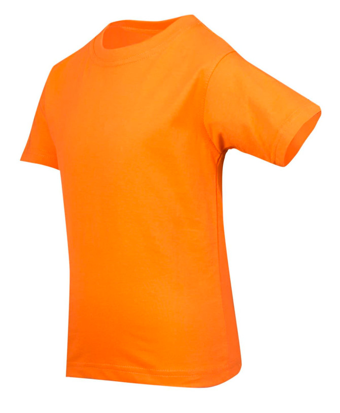 An orange kid's regular T-shirt with short sleeves, featuring a simple design and no visible branding.
