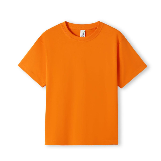 An orange kid's regular T-shirt with short sleeves and a round neckline. It features a label inside.