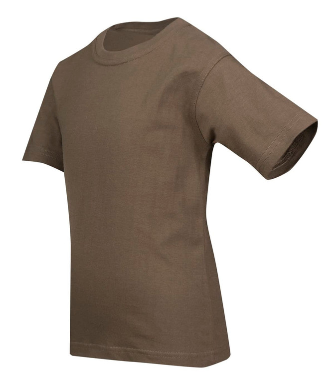 A children's regular T-shirt in olive green, featuring short sleeves and a crew neckline. It has a logo.