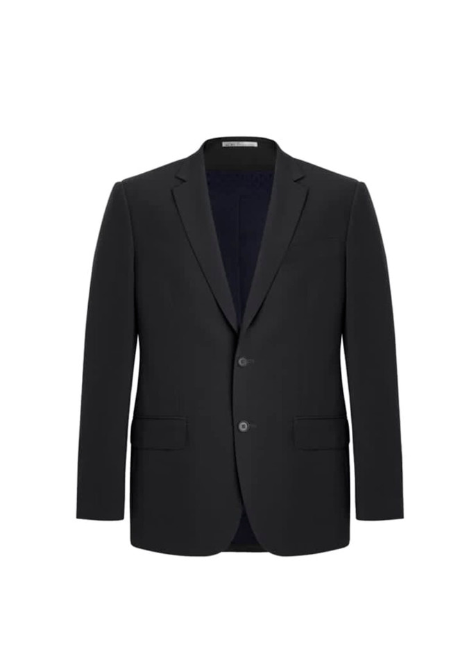 A black men's blazer featuring a two-button design, tailored fit, and two front pockets. Has a branded label inside.