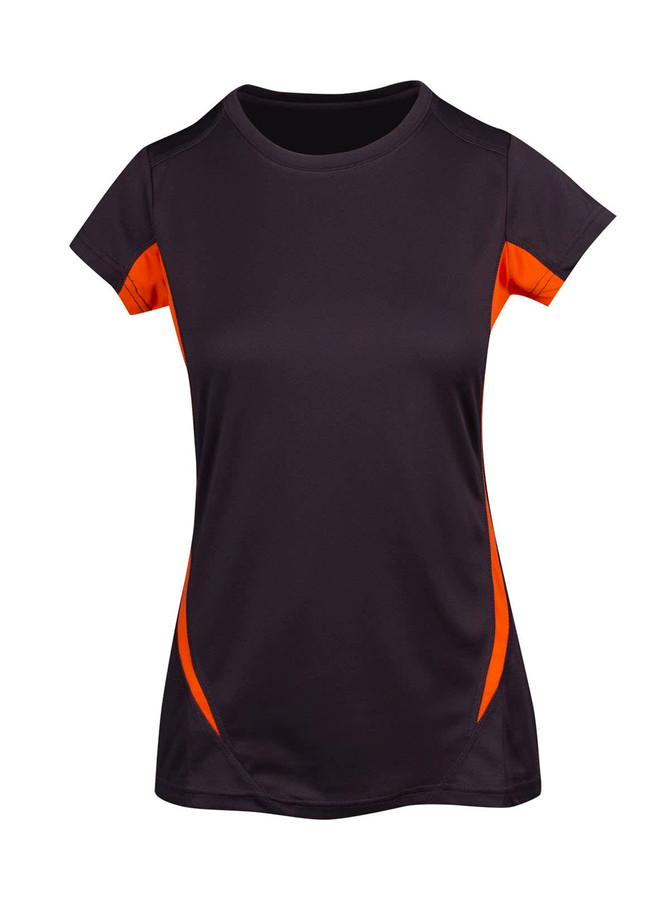 A women's T-shirt featuring a black main body with orange accents and a logo on the front.