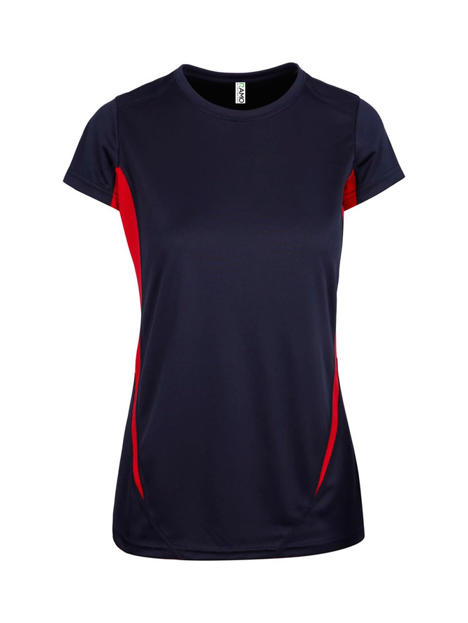 A navy and red women's T-shirt featuring a sporty design and a logo on the front.