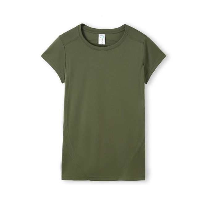 A green women's t-shirt with short sleeves, featuring a logo and a simple design.