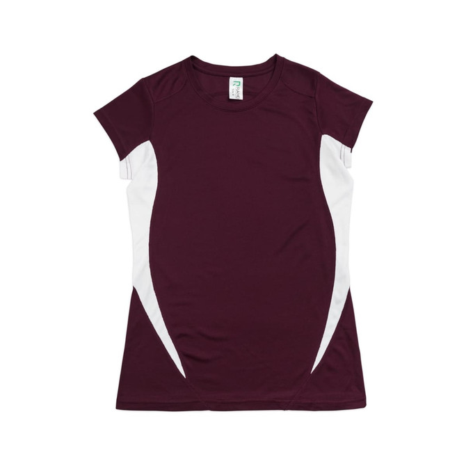A maroon women's T-shirt featuring white side panels and a logo. The fabric is designed for cool-dry performance.