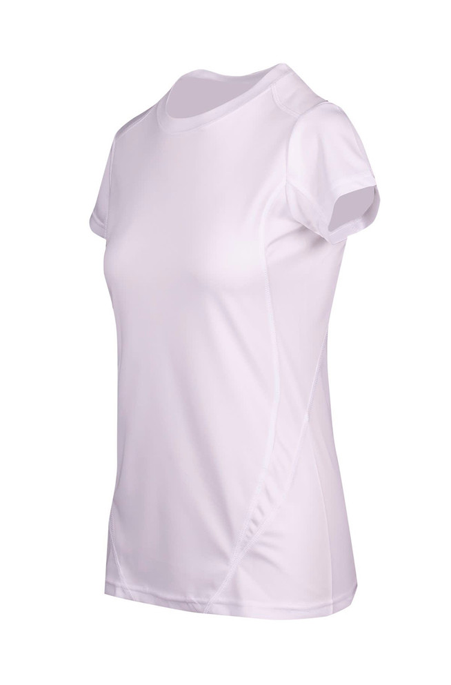 A women's short-sleeve T-shirt in white, featuring a sleek design and a logo on the front.