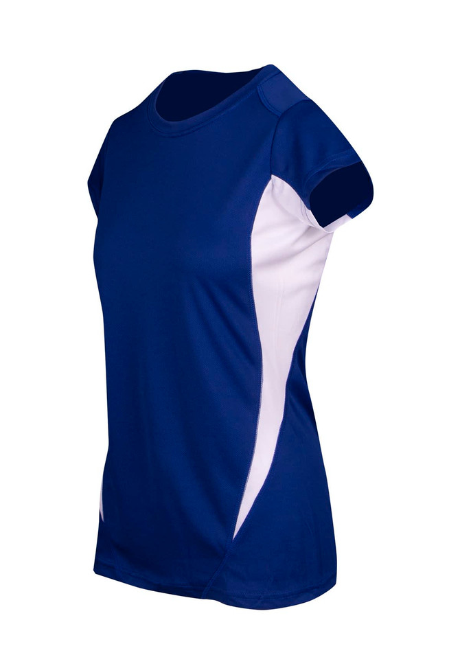 A Women's Accelerator Cool-Dry T-shirt in navy blue with white accents and a fitted design. It features a logo.