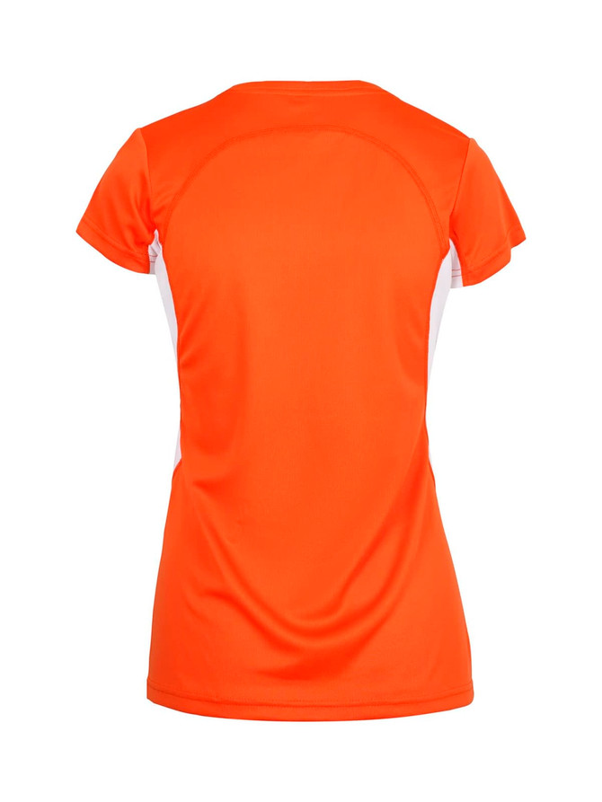 An orange women's T-shirt with white side panels, featuring a fitted design and short sleeves. It has a logo on it.