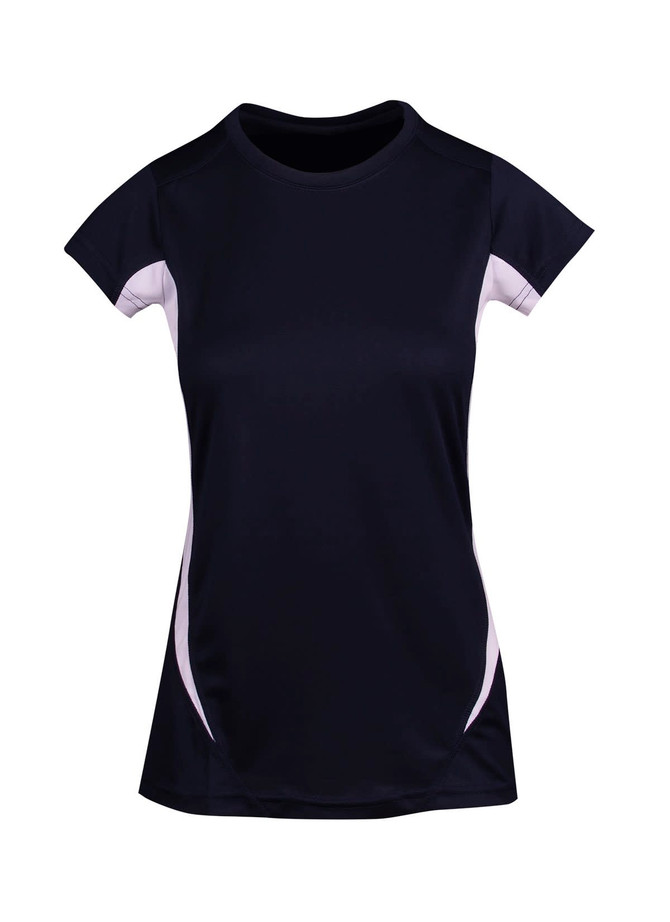 A women's cool-dry T-shirt in navy blue with white accents. Features a logo on the front.