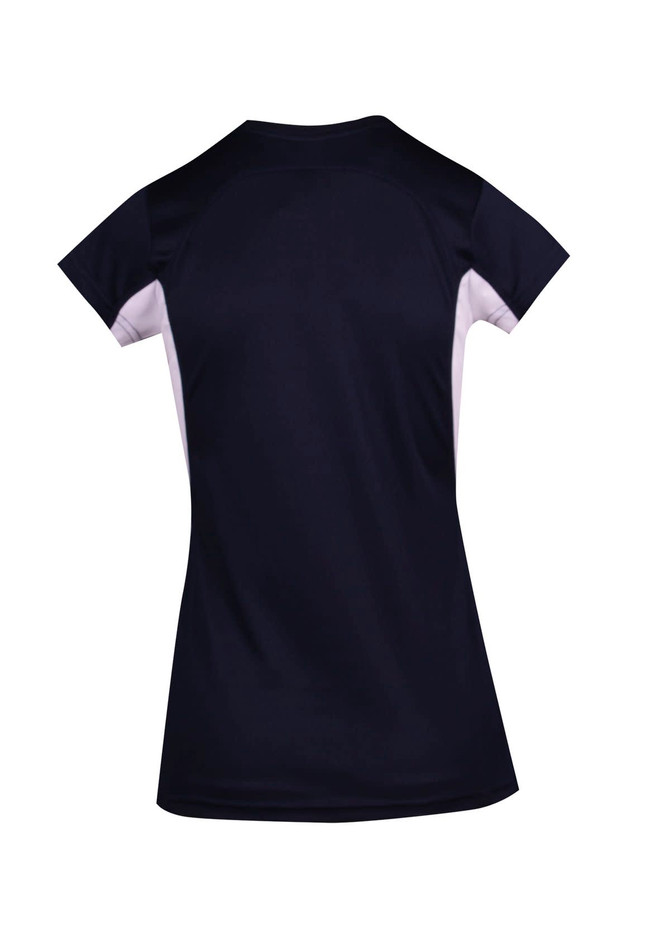 A Women's Accelerator Cool-Dry T-shirt in navy and white with a logo, featuring a fitted design and short sleeves.