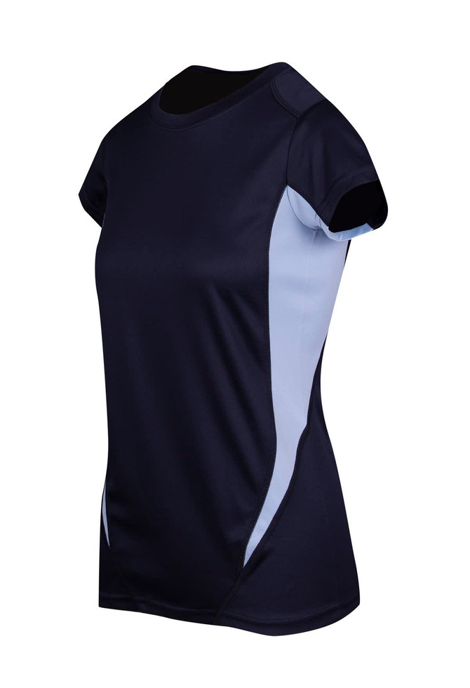 A navy blue women's T-shirt with light blue side panels, featuring a logo on the front.