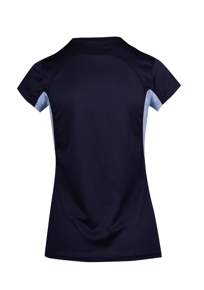 A women's T-shirt in navy blue with light blue accents, featuring a logo. Back view displayed.