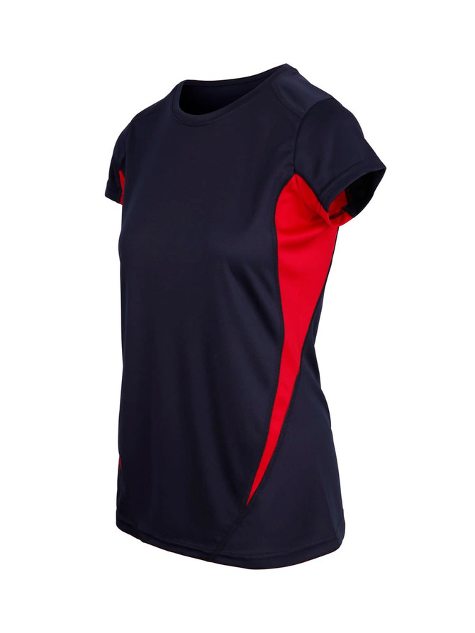 A women's T-shirt in navy blue with red side panels and a smooth finish. It features a logo on the front.