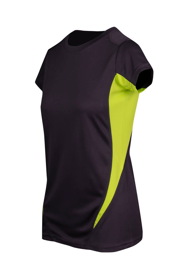 A women's T-shirt featuring a black body with bright lime green panels, and a logo on the shirt.