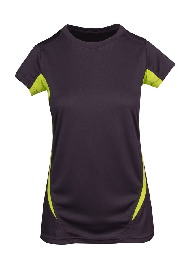 A women's T-shirt in black with bright green accents, featuring a logo. Made from cool-dry fabric.