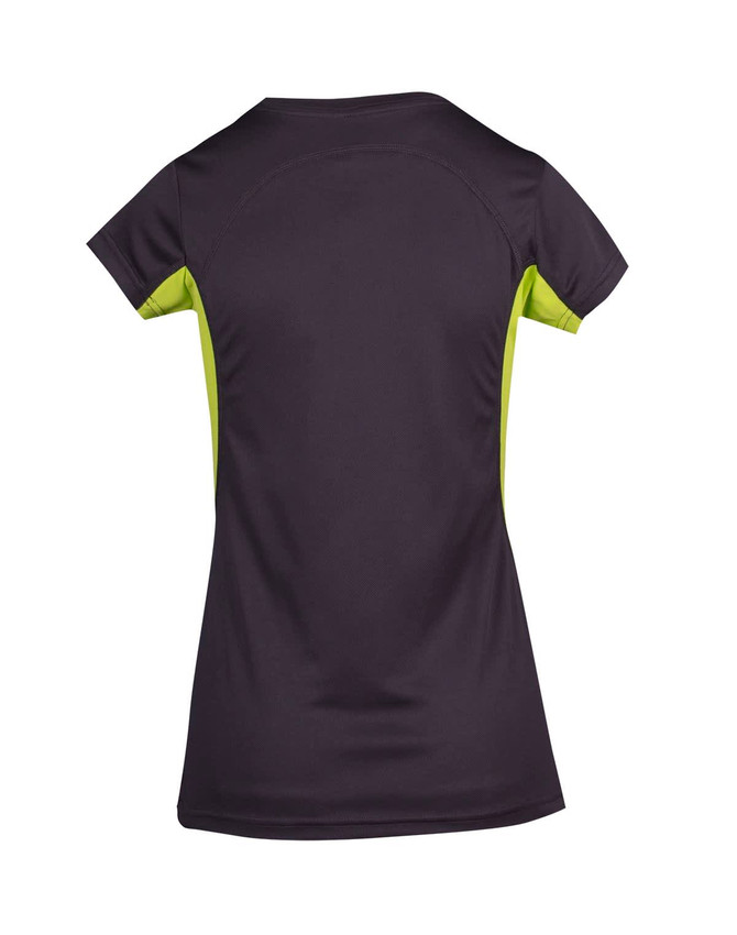 A black Women's Accelerator Cool-Dry T-shirt with lime green side panels. The shirt features a logo.