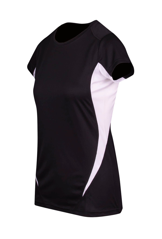 A black women's T-shirt with white side panels and short sleeves, featuring a logo.