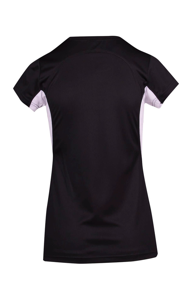 A black women's T-shirt with short sleeves and a contrasting colour panel on the sides. It features a logo on the back.