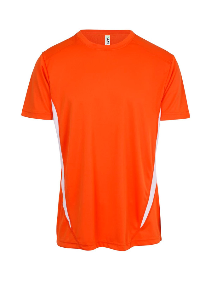 An orange men's T-shirt with white side panels and a logo. Suitable for sports and casual wear.