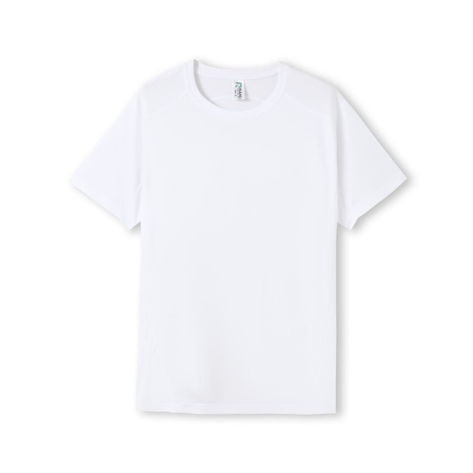 A white men’s t-shirt made from cool dry fabric, featuring a logo. Short sleeves and a simple design.